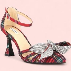 NWOB Alex Marie Carmela Plaid Rhinestone Bow Ankle Strap Dress Pumps Size 5M‎